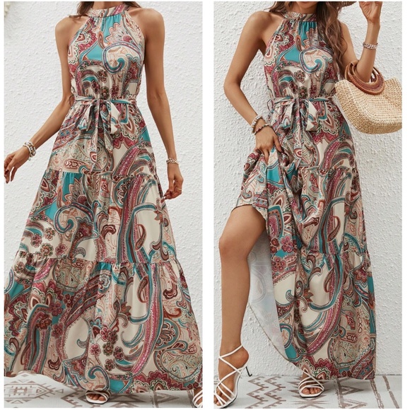 Boho Paisley Print Belted Halter Maxi Dress - Picture 3 of 6